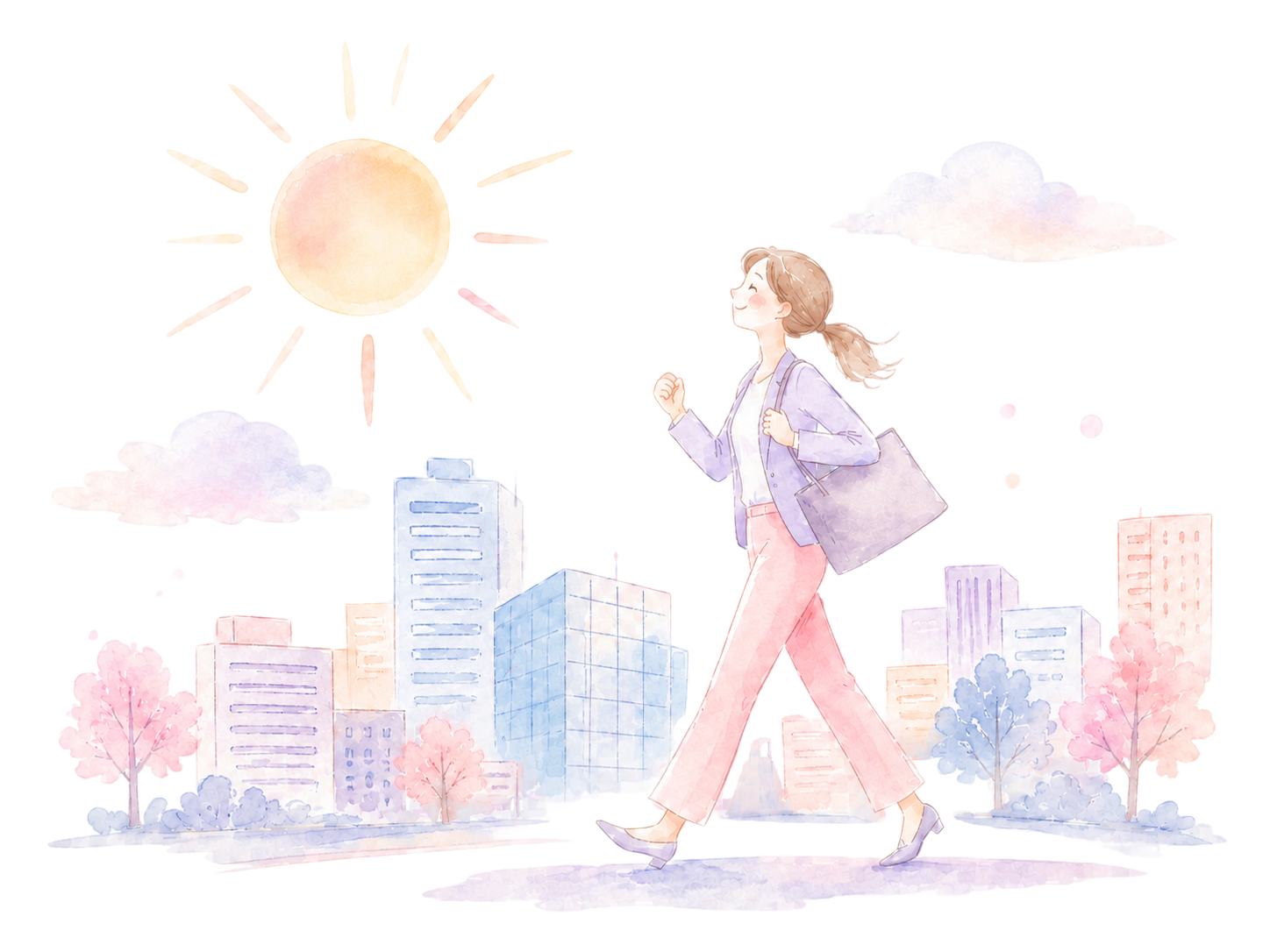 朝日の街を歩く女性の水彩イラスト